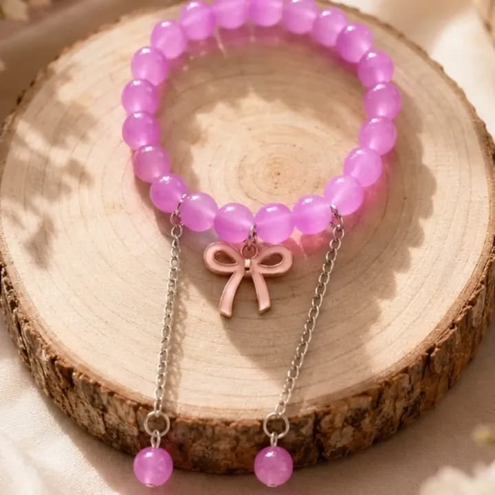 Pink Bow Charm Bead Bracelet